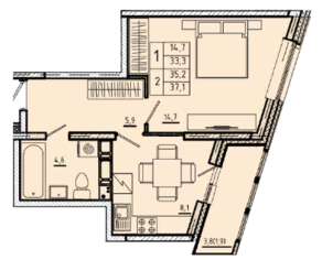 ЖК «River Park», планировка 1-комнатной квартиры, 35.20 м²