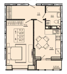 ЖК «River Park», планировка 1-комнатной квартиры, 42.50 м²