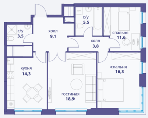МФК «Сердце Столицы», планировка 3-комнатной квартиры, 83.00 м²