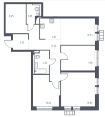 ЖК «Большое Путилково», планировка 4-комнатной квартиры, 86.62 м²
