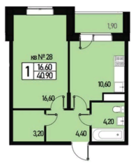МЖК «Борисоглебское 2», планировка 1-комнатной квартиры, 39.00 м²
