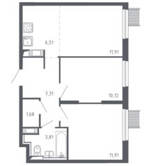 ЖК «Молжаниново», планировка 3-комнатной квартиры, 53.25 м²