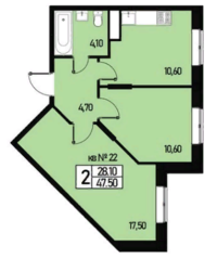 МЖК «Борисоглебское 2», планировка 2-комнатной квартиры, 47.00 м²
