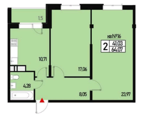 МЖК «Борисоглебское 2», планировка 2-комнатной квартиры, 64.00 м²