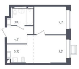 ЖК «Томилино Парк», планировка 2-комнатной квартиры, 32.59 м²
