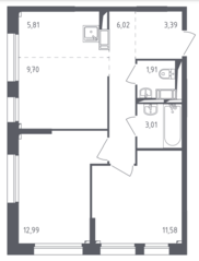 ЖК «Томилино Парк», планировка 3-комнатной квартиры, 54.41 м²