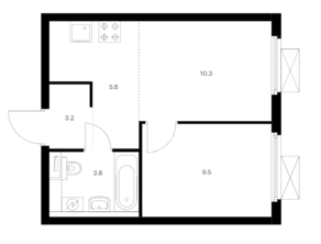 ЖК «Бунинские луга», планировка 2-комнатной квартиры, 32.40 м²