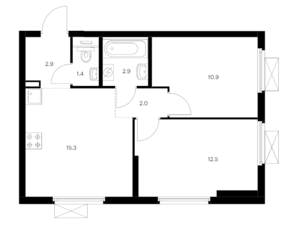 ЖК «Бунинские луга», планировка 2-комнатной квартиры, 47.90 м²