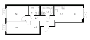 ЖК «Бунинские луга», планировка 3-комнатной квартиры, 62.00 м²