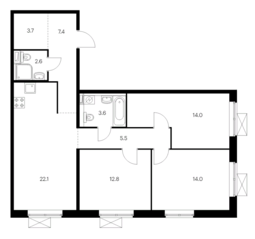 ЖК «Бунинские луга», планировка 3-комнатной квартиры, 85.70 м²