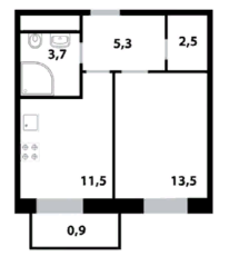 ЖК «Союзный», планировка 1-комнатной квартиры, 34.30 м²