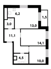 ЖК «Союзный», планировка 3-комнатной квартиры, 63.20 м²
