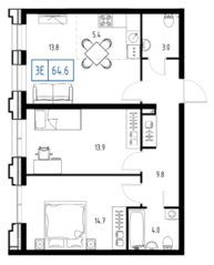 ЖК «Заречный квартал», планировка 3-комнатной квартиры, 64.60 м²