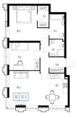 ЖК «Заречный квартал», планировка 3-комнатной квартиры, 75.30 м²