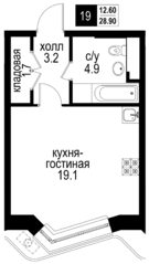 ЖК «Интеллигент», планировка 1-комнатной квартиры, 28.90 м²