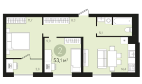 ЖК «Первый квартал», планировка 2-комнатной квартиры, 53.10 м²