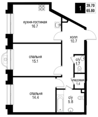 ЖК «Интеллигент», планировка 3-комнатной квартиры, 65.80 м²