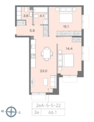 ЖК «ParkSide», планировка 2-комнатной квартиры, 66.10 м²