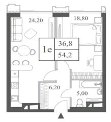 ЖК «Will Towers», планировка 1-комнатной квартиры, 54.20 м²