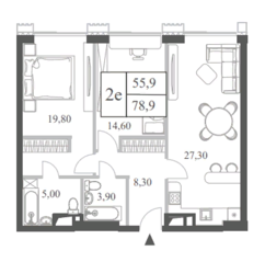 ЖК «Will Towers», планировка 2-комнатной квартиры, 78.90 м²
