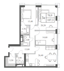 ЖК «Will Towers», планировка 3-комнатной квартиры, 107.30 м²