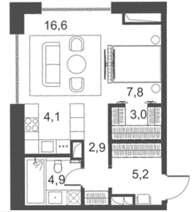 Апарт-отель «Ильинка, 3/8», планировка 1-комнатной квартиры, 44.60 м²