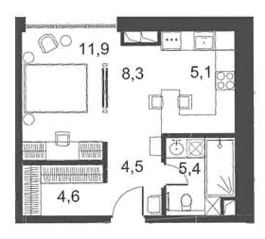 Апарт-отель «Ильинка, 3/8», планировка 1-комнатной квартиры, 39.90 м²