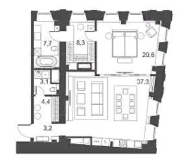 Апарт-отель «Ильинка, 3/8», планировка 2-комнатной квартиры, 88.90 м²