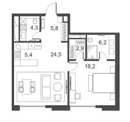 Апарт-отель «Ильинка, 3/8», планировка 2-комнатной квартиры, 67.40 м²