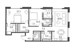 Апарт-отель «Ильинка, 3/8», планировка 3-комнатной квартиры, 110.00 м²