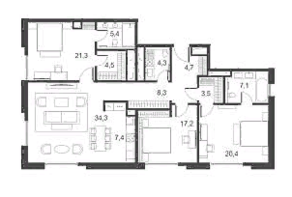 Апарт-отель «Ильинка, 3/8», планировка 4-комнатной квартиры, 138.40 м²
