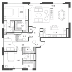 Апарт-отель «Ильинка, 3/8», планировка 4-комнатной квартиры, 184.40 м²