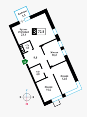 ЖК «Лесная Отрада», планировка 3-комнатной квартиры, 72.50 м²