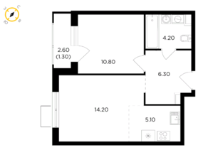 ЖК «Миловидное», планировка 2-комнатной квартиры, 41.90 м²