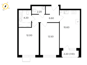ЖК «Миловидное», планировка 2-комнатной квартиры, 54.20 м²