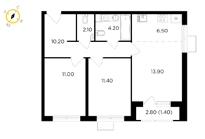 ЖК «Миловидное», планировка 3-комнатной квартиры, 60.70 м²