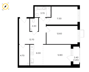 ЖК «Миловидное», планировка 3-комнатной квартиры, 67.40 м²