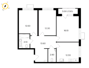 ЖК «Миловидное», планировка 3-комнатной квартиры, 75.40 м²