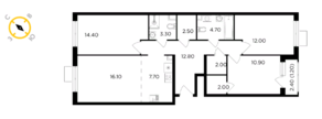 ЖК «Миловидное», планировка 4-комнатной квартиры, 89.60 м²