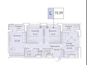 ЖК «Аквилон Beside», планировка 4-комнатной квартиры, 72.39 м²