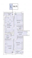 ЖК «Аквилон Beside», планировка 4-комнатной квартиры, 86.91 м²