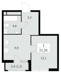 ЖК «Южные сады», планировка 1-комнатной квартиры, 33.20 м²