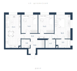 ЖК «Интонация», планировка 3-комнатной квартиры, 101.20 м²