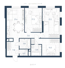 ЖК «Интонация», планировка 3-комнатной квартиры, 96.00 м²