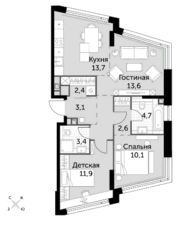 ЖК «Rotterdam», планировка 3-комнатной квартиры, 68.90 м²