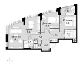 ЖК «Rotterdam», планировка 3-комнатной квартиры, 73.50 м²