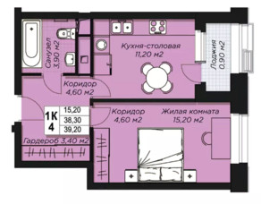 ЖК «Атлантис», планировка 1-комнатной квартиры, 39.20 м²