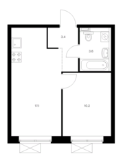 ЖК «Ютаново», планировка 1-комнатной квартиры, 34.30 м²