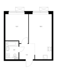ЖК «Ютаново», планировка 1-комнатной квартиры, 38.10 м²