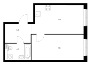 ЖК «Ютаново», планировка 1-комнатной квартиры, 43.80 м²